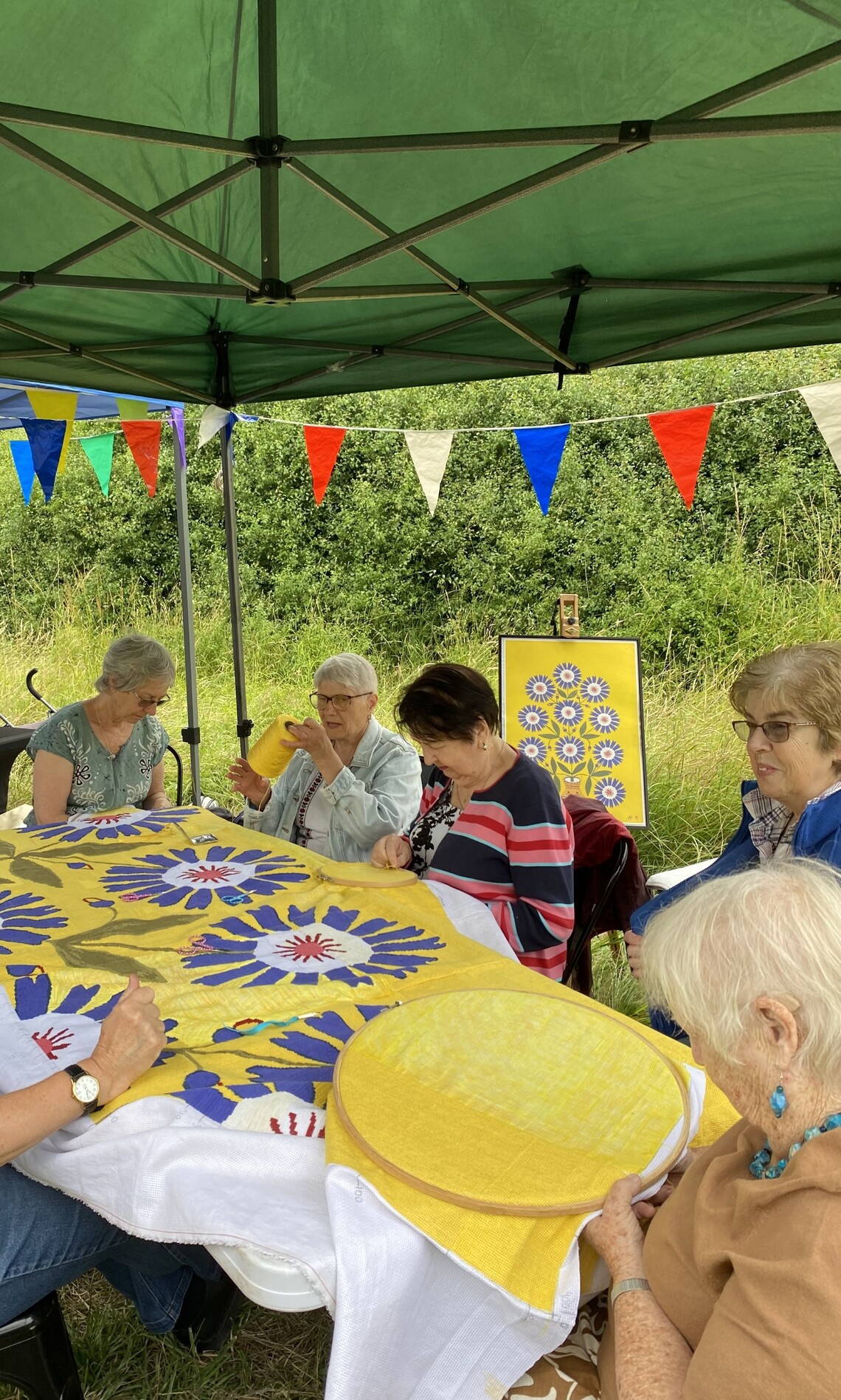 Blue Cornflowers tapestry project outdoor stitching