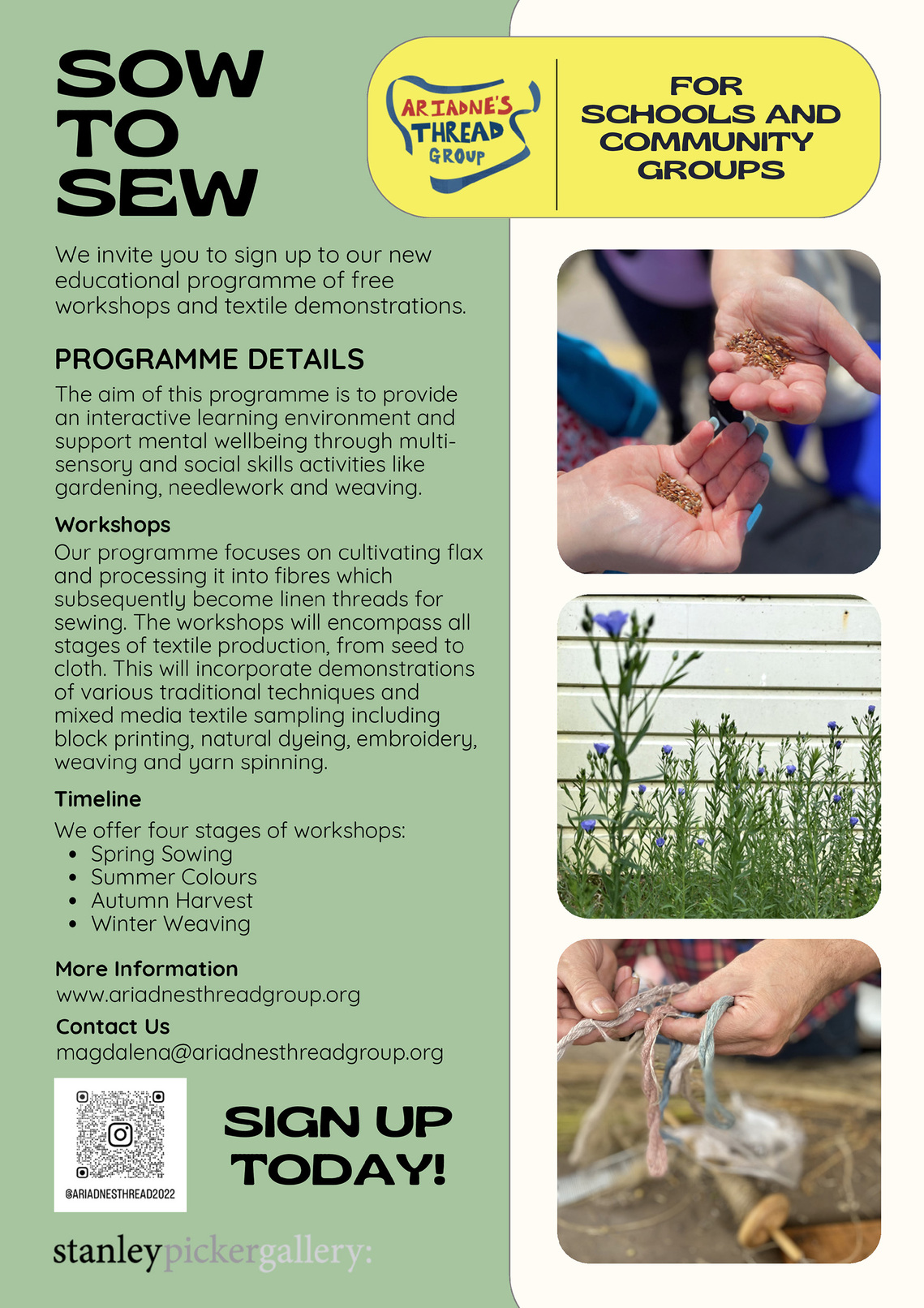 Flyer describing the workshops of Sow to Sew