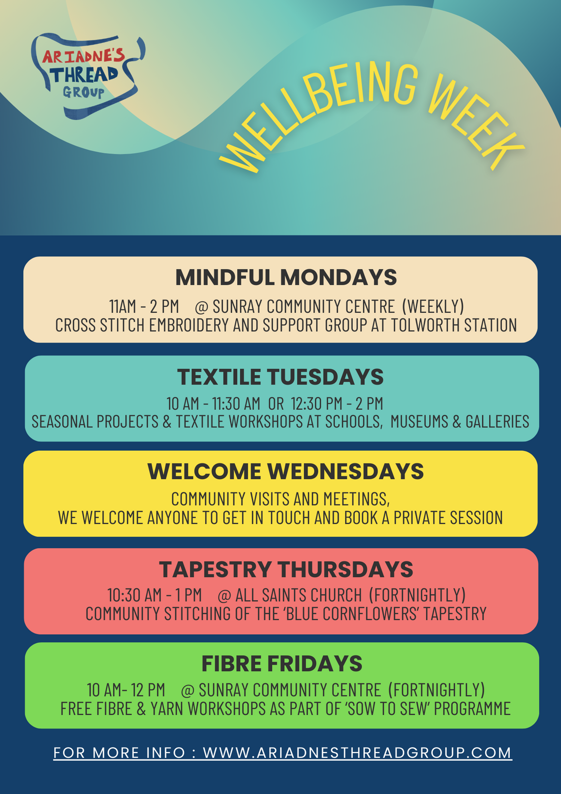 a poster with the weekly timetable of activities